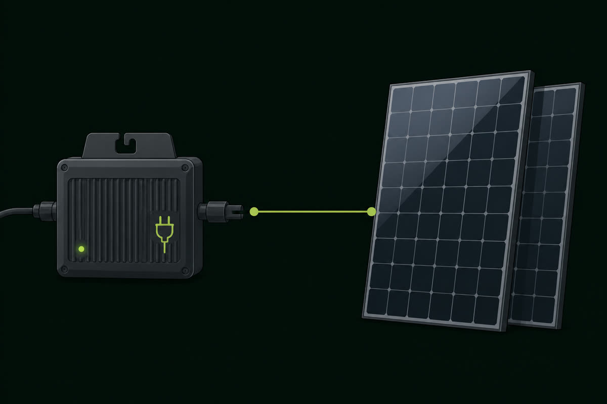 Wechselrichter links, zwei Solarmodule rechts: 800 VA begrenzen den Ausgang, 2000 Wp die Module