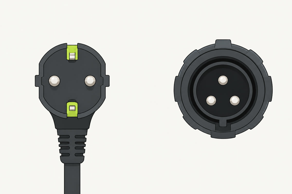 Links ein Schuko-Haushaltsstecker, rechts eine runde Energiesteckvorrichtung